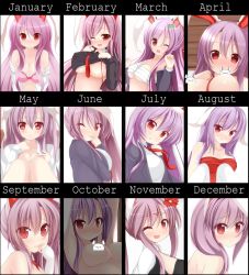 Rule 34 | 1girl, animal ears, bad id, bad pixiv id, between breasts, blazer, blush, breasts, censored, censored nipples, chart, chimunge, cleavage, clothes lift, comparison, dress shirt, female focus, flower, hair flower, hair ornament, highres, jacket, large breasts, light purple hair, long hair, necktie, novelty censor, off shoulder, one eye closed, open mouth, pink background, rabbit ears, red eyes, red necktie, reisen udongein inaba, sarashi, shirt, shirt lift, smile, sweat, touhou, underboob, wink