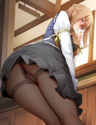 Rule 34 | 10s, 1girl, ass, black pantyhose, black skirt, blush, braid, brown eyes, brown hair, censored, closed mouth, clothes lift, crotch seam, embarrassed, from below, ginhaha, goblin slayer!, guild girl (goblin slayer!), hair ribbon, highres, indoors, long hair, long sleeves, looking at viewer, mosaic censoring, no panties, pantyhose, puffy sleeves, pussy, ribbon, shirt, single braid, skirt, skirt lift, solo, thighband pantyhose, vest, wavy mouth, white shirt