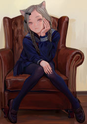 Rule 34 | 1girl, animal ears, armchair, artist name, beige background, black pantyhose, blue serafuku, blue skirt, blush, braid, brown footwear, cat ears, chair, closed mouth, feiqizi (fkey), fkey, floor, frown, full body, grey hair, hair ornament, hair over shoulder, hairclip, hand on own cheek, hand on own face, hand on own knee, head rest, knees together feet apart, loafers, long hair, long sleeves, looking at viewer, neckerchief, original, pantyhose, red eyes, red neckerchief, school uniform, serafuku, shoes, simple background, sitting, skirt, skirt set, solo, twin braids, twintails