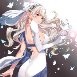 Rule 34 | 1girl, ass, bug, butterfly, closed mouth, corrin (female) (fire emblem), corrin (fire emblem), dress, elbow gloves, fire emblem, fire emblem fates, fire emblem heroes, gloves, insect, long hair, misu kasumi, nintendo, pointy ears, red eyes, single elbow glove, solo, white dress, white gloves, white hair
