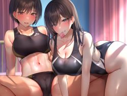 Rule 34 | 2girls, all fours, arm support, bare legs, bed, black buruma, black hair, black one-piece swimsuit, black sports bra, blush, breasts, brown eyes, buruma, cameltoe, cleavage, commentary request, competition swimsuit, condom, condom in mouth, condom wrapper, grey eyes, grin, gym uniform, highres, infirmary, large breasts, long hair, looking at viewer, mouth hold, multiple girls, navel, on bed, one-piece swimsuit, open mouth, original, short hair, sitting, smile, sports bra, spread legs, stomach, swimsuit, teeth hold, toned, track uniform, yuyu (yuyuworks)