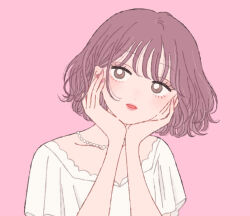 Rule 34 | 1girl, blush, bright pupils, brown eyes, brown hair, collarbone, hands on own cheeks, hands on own face, head tilt, jewelry, looking at viewer, necklace, original, parted lips, pearl necklace, pink background, pink nails, rikuwo, shirt, short hair, short sleeves, simple background, solo, upper body, white pupils, white shirt