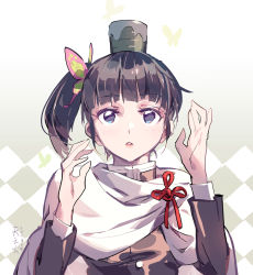 Rule 34 | 1girl, black hair, blue eyes, butterfly hair ornament, cup, cup on head, hair ornament, highres, kimetsu no yaiba, looking at viewer, object on head, side ponytail, simple background, solo, tennohi, tsuyuri kanao, white background, yunomi