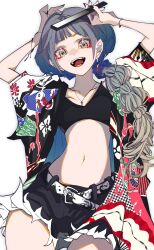 Rule 34 | 1girl, arms up, belt, black nails, black shorts, black tank top, blue hair, bracelet, braid, collarbone, crop top, earrings, gradient hair, grey hair, highres, japanese clothes, jewelry, kimono, long hair, looking at viewer, masadaora, midriff, multicolored hair, navel, necklace, open clothes, open kimono, open mouth, original, shorts, single earring, solo, standing, tank top, teeth, two-tone hair, white belt
