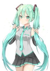Rule 34 | 1girl, aqua nails, aqua necktie, bad id, bad pixiv id, black skirt, blush, canape (canape0130), cowboy shot, detached sleeves, green eyes, green hair, hatsune miku, holding, holding hair, long hair, looking at viewer, nail polish, necktie, pleated skirt, simple background, skirt, solo, standing, twintails, vocaloid, white background