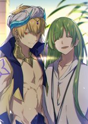 Rule 34 | 2boys, androgynous, arabian clothes, bare pectorals, blonde hair, earrings, enkidu (fate), fate/grand order, fate (series), gilgamesh, gilgamesh (caster) (fate), gilgamesh (fate), green hair, hair between eyes, highres, jewelry, long hair, looking at viewer, male focus, multiple boys, namakawa, pectorals, red eyes, robe, short hair, toned, toned male