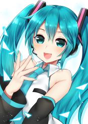 Rule 34 | 1girl, :d, absurdres, bare shoulders, blush, breasts, buta tamako, collared shirt, detached sleeves, eyelashes, fingernails, green eyes, green hair, green nails, green necktie, hair between eyes, hair ornament, hand up, hatsune miku, headphones, highres, long fingernails, long hair, looking at viewer, nail polish, necktie, open mouth, shirt, simple background, sleeveless, sleeveless shirt, small breasts, smile, solo, twintails, upper body, v, vocaloid, white background, white shirt, wing collar