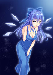 Rule 34 | 1girl, adapted costume, aged up, alternate hair length, alternate hairstyle, aura, bare arms, bare shoulders, blue dress, blue eyes, blue hair, bow, breasts, chinese commentary, cirno, cleavage, collarbone, commentary request, dress, expressionless, gradient background, hair bow, halter dress, halterneck, hand on own knee, hand on own neck, highres, huanxiang xiangde xiaoyue, leaning forward, long hair, looking at viewer, medium breasts, nebula, parted lips, sky, sleeveless, sleeveless dress, solo, star (sky), starry sky, touhou, wings