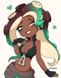 Rule 34 | 1girl, asymmetrical breasts, black gloves, breasts, cleavage, cremanata, dark-skinned female, dark skin, fingerless gloves, gloves, green eyes, green nails, hand on own chest, heart, highres, large breasts, lips, looking at viewer, marina (splatoon), nintendo, octoling, octoling girl, octoling player character, simple background, splatoon (series), tentacle hair, very dark skin, white background, zipper