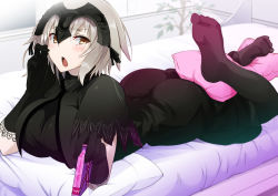 Rule 34 | 1girl, ass, bed, blonde hair, blush, breasts, chocolate, fate/grand order, fate (series), feet, hair ornament, jeanne d&#039;arc (fate), jeanne d&#039;arc (ruler) (fate), jeanne d&#039;arc alter (avenger) (fate), jeanne d&#039;arc alter (fate), looking at viewer, lying, no shoes, on stomach, open mouth, pillow, short hair, soles, thighhighs, valentine, vane (vane0), yellow eyes