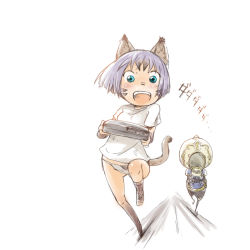 Rule 34 | 00s, :d, animal ears, automaton, bad id, bad pixiv id, blue eyes, bracer, cat girl, comic, final fantasy, final fantasy xi, game console, mithra (ff11), nucomas, open mouth, purple hair, short hair, simple background, smile, tail, underwear, white background