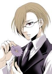 Rule 34 | 1boy, black necktie, black vest, blonde hair, flower, formal, fumizuki ayako, glasses, hair over one eye, hand up, long sleeves, looking at viewer, louis james moriarty, male focus, necktie, parted lips, red eyes, simple background, solo, upper body, vest, white background, yuukoku no moriarty