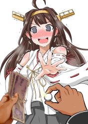 Rule 34 | 10s, 1girl, @ @, ahoge, bare shoulders, blush, brown hair, commentary request, detached sleeves, double bun, flustered, grey eyes, hair bun, hair ornament, hairband, hand on own hip, headgear, highres, japanese clothes, jewelry, kantai collection, kongou (kancolle), long hair, money, nontraditional miko, open mouth, outstretched hand, pov, marriage proposal, ring, ringed eyes, skirt, smile, solo focus, sweat, sweatdrop, thighhighs, trembling, wavy mouth, wedding band, yano toshinori