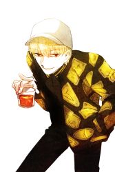 Rule 34 | 1boy, bad id, bad pixiv id, baseball cap, blonde hair, cosplay, cup, fate/stay night, fate (series), gary unwin, gary unwin (cosplay), gilgamesh (fate), hat, jisue10, kingsman: the secret service, male focus, red eyes, solo