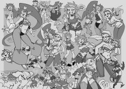 Rule 34 | 3boys, 6+girls, bandana, belt, bolo (shantae), bomb, cannon, character request, choker, closed eyes, covering privates, demon girl, demon tail, earrings, elephant, explosive, gloves, greyscale, highres, jewelry, leaning forward, monkey, monochrome, monster, multiple boys, multiple girls, navel, octopus, one eye closed, open mouth, pajamas, pirate, ponytail, risky boots, rottytops, shantae, shantae (series), short hair, shorts, sky (shantae), smile, sword, tail, tinkerbat, weapon, za1f0n