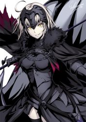 Rule 34 | 1girl, ahoge, armor, armored dress, black thighhighs, breasts, cape, cowboy shot, fate/apocrypha, fate/grand order, fate (series), faulds, flag, fur collar, gauntlets, headpiece, jeanne d&#039;arc (fate), jeanne d&#039;arc (ruler) (fate), jeanne d&#039;arc alter (avenger) (fate), jeanne d&#039;arc alter (avenger) (first ascension) (fate), jeanne d&#039;arc alter (fate), looking at viewer, medium breasts, open mouth, pale skin, parted lips, sakiyamama, short hair, signature, silver hair, simple background, smile, thighhighs, white background, yellow eyes