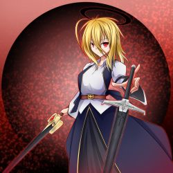 Rule 34 | 1girl, armband, aura, belt, blonde hair, blue skirt, cowboy shot, ex-rumia, frown, gradient background, hair between eyes, hair over face, halo, layered skirt, long sleeves, looking at viewer, open clothes, open vest, red background, red eyes, rumia, shirt, short hair, skirt, solo, sword, tennenmoe, touhou, untucked shirt, vest, weapon, white shirt