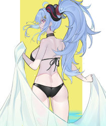 Rule 34 | 1girl, absurdres, ahoge, alternate hairstyle, ass, bare back, bare shoulders, bikini, black bikini, black choker, blue hair, breasts, butt crack, chinese commentary, choker, commentary request, cowboy shot, earrings, echj, eyeshadow, from behind, ganyu (genshin impact), genshin impact, hair intakes, high ponytail, highres, horns, jewelry, large breasts, makeup, ponytail, purple eyes, sidelocks, solo, standing, swimsuit, thighs