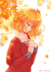 Rule 34 | 1girl, adapted costume, aki shizuha, alternate costume, blonde hair, hands on own chest, iris anemone, leaf, leaf on head, long sleeves, looking down, maple leaf, shirt, short hair, simple background, smile, solo, touhou, tree, twitter username, vest, white background, yellow eyes