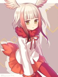 Rule 34 | 10s, 1girl, :o, amane kurumi, arms at sides, bird tail, bird wings, blunt bangs, blush, border, buttons, diagonal stripes, drawstring, expressionless, eyelashes, frilled sleeves, frills, fur collar, gloves, gradient hair, head wings, japanese crested ibis (kemono friends), jitome, kemono friends, long sleeves, looking at viewer, multicolored hair, open mouth, out of frame, outside border, pantyhose, pleated skirt, purple background, red gloves, red hair, red pantyhose, red shirt, red skirt, shirt, short hair, short hair with long locks, sitting, skirt, solo, striped, striped background, tail, twitter username, two-tone hair, white border, white hair, wings, yellow eyes