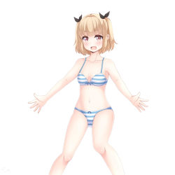 Rule 34 | 1girl, :d, absurdres, black hairband, blonde hair, blue bow, blue bra, blue panties, blunt bangs, blush, bow, bow bra, bow panties, bra, breasts, brown eyes, cleavage, collarbone, hairband, highres, iijima yun, looking at viewer, navel, new game!, open mouth, outstretched arms, panties, sainohikari, short hair, simple background, small breasts, smile, solo, standing, striped bra, striped clothes, striped panties, underwear, underwear only, white background