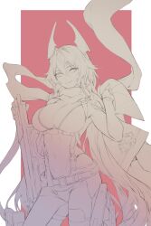 Rule 34 | 1girl, absurdres, breasts, chaps, cleavage, closed mouth, crop top, cropped jacket, fingerless gloves, gloves, goddess of victory: nikke, headgear, highres, holding, holding clothes, holding jacket, holding weapon, jacket, kirr rr, large breasts, long hair, midriff, monochrome, navel, red hood (nikke), scarf, sketch, smile, solo, unfinished, very long hair, weapon