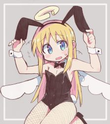 Rule 34 | 1other, absurdres, angel, angel wings, animal ears, black leotard, blonde hair, blue eyes, blush, bulge, crimvael, detached collar, embarrassed, fake animal ears, fake tail, fishnet pantyhose, fishnets, halo, highres, ishuzoku reviewers, leotard, pantyhose, playboy bunny, rabbit ears, rabbit tail, richard (richaball), solo, sweatdrop, tail, wings, wrist cuffs