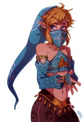 Rule 34 | 1boy, arabian clothes, armlet, aryll (marbles), blonde hair, blue eyes, blush, bridal gauntlets, chromatic aberration, circlet, collarbone, covering own mouth, crossdressing, dancer, detached sleeves, earrings, fingers together, gerudo set (zelda), groin, halterneck, hat, highres, jewelry, link, looking to the side, male focus, midriff, mouth veil, navel, nintendo, pointing, pointy ears, simple background, strapless, the legend of zelda, the legend of zelda: breath of the wild, thick eyebrows, trap, tube top, veil, white background