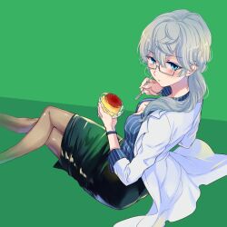 Rule 34 | 1girl, blue eyes, blue shirt, blush, braid, breasts, cleavage, closed mouth, ensemble stars!, epuko, food, full body, glasses, green background, green skirt, grey hair, holding, holding spoon, lab coat, long hair, low side ponytail, medium breasts, pudding, sena izumi (ensemble stars!), shirt, skirt, solo, spoon, wavy hair, white shirt