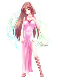 Rule 34 | 1girl, 99ban, blush, breasts, brown eyes, brown hair, character name, collarbone, covered navel, dress, fire emblem, fire emblem: mystery of the emblem, forehead jewel, gladiator sandals, jewelry, linde (fire emblem), long hair, magic circle, nintendo, sandals, shirt, side slit, smile, solo, stola, taut clothes, taut shirt, tight clothes