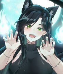 Rule 34 | 1girl, algorhythm project, animal ears, black hair, black shirt, breasts, cat ears, commentary, evalia (algorhythm project), fangs, green eyes, green nails, highres, i.ryuu z, large breasts, long hair, multicolored hair, open mouth, shirt, symbol-only commentary, tongue, virtual youtuber