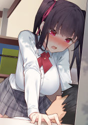 Rule 34 | 1boy, 1girl, black hair, blush, breasts, commentary request, girl on top, grey skirt, hair ribbon, hetero, large breasts, long hair, long sleeves, looking at another, looking down, open mouth, original, pink ribbon, plaid, plaid skirt, red eyes, ribbon, school uniform, shirt, skirt, tears, tokuno yuika, twintails, white shirt