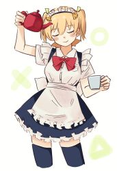 Rule 34 | 1girl, absurdres, alternate costume, apron, arm up, banana hair ornament, black dress, black thighhighs, blonde hair, blush, bow, bowtie, breast pocket, breasts, buttons, closed eyes, closed mouth, collared shirt, cowboy shot, cropped legs, cup, daiba nana, dress, enmaided, food-themed hair ornament, frilled apron, frilled dress, frills, green ribbon, hair between eyes, hair ornament, hair ribbon, hand up, highres, holding, holding cup, holding teapot, maid, maid headdress, medium breasts, mug, pinafore dress, pix3dayo, pocket, red bow, red bowtie, ribbon, shirt, short hair, short sleeves, short twintails, shoujo kageki revue starlight, simple background, sleeveless, sleeveless dress, smile, solo, standing, teapot, thighhighs, twintails, waist apron, white apron, white background, white shirt, zettai ryouiki