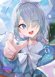 Rule 34 | 1girl, arona (blue archive), blanc (whit blanc), blue archive, blue eyes, blue hair, blue halo, blush, braid, choker, colored inner hair, eyes visible through hair, foreshortening, hair over one eye, halo, highres, long sleeves, looking at viewer, multicolored hair, open mouth, pink hair, sailor collar, short hair, single braid, smile, solo, teeth, upper body, upper teeth only, white choker, white sailor collar