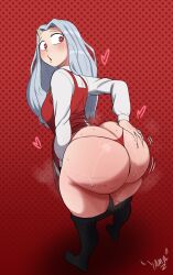 Rule 34 | 1girl, absurdres, aged up, artist name, ass, ass grab, blush, boku no hero academia, breasts, butt crack, clothes pull, curvy, dress, eri (boku no hero academia), from behind, grabbing own ass, heart, highres, horn, huge ass, jiggle, long hair, long sleeves, medium breasts, motion lines, pantyhose, pantyhose pull, parted lips, red background, red eyes, solo, sweat, thick thighs, thighs, thong, white hair, wide hips, yamathegod
