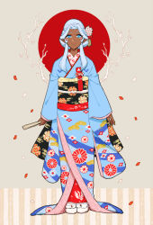 Rule 34 | 1girl, blue eyes, closed mouth, commentary request, dark-skinned female, dark skin, dress, facial mark, flower, full body, hair flower, hair ornament, hand fan, hyakujuu-ou golion, japanese clothes, kimono, light smile, long hair, long sleeves, looking at viewer, pointy ears, ponzu (beetle burner), princess allura, red sun, smile, solo, voltron: legendary defender, voltron (series), white hair
