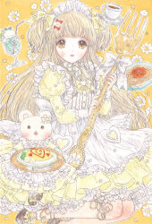 Rule 34 | 1girl, apron, armor, back bow, bear, blonde hair, bow, bowtie, bridal garter, brooch, brown footwear, buttons, center frills, collar, collared dress, commentary request, cup, daisy, dress, drinking straw, eyelashes, floral background, flower, food, footwear bow, fork, frilled apron, frilled bow, frilled dress, frills, fruit, full body, glass, hair bow, hair ornament, hairclip, heart, heart brooch, heart print, hisakata (hisa nn), holding, holding fork, holding tray, ice cream, japanese armor, jewelry, juliet sleeves, lace, lace-trimmed dress, lace-trimmed socks, lace trim, light blush, lime (fruit), lime slice, long hair, long sleeves, maid headdress, multiple hair bows, neck ribbon, omelet, open mouth, original, outline, oversized object, plate, puffy sleeves, red bow, ribbon, ribbon legwear, short dress, shoulder armor, smile, socks, sode, solo, spaghetti strap, tea, teacup, tray, two side up, waitress, white apron, white bow, white collar, white flower, white garter, white headdress, white outline, yellow background, yellow bow, yellow bowtie, yellow dress, yellow eyes, yellow ribbon, yellow socks