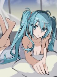 Rule 34 | 1girl, barefoot, blue eyes, blue hair, hatsune miku, index finger raised, lying, on bed, on stomach, pointing, pointing at viewer, solo, the pose, twintails, vocaloid, yatsuwo emiya
