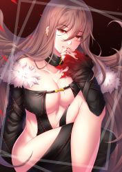 Rule 34 | 1girl, aata1007, bare shoulders, biting, black collar, black dress, black jacket, blood, blood from mouth, breasts, brown hair, center opening, choker, collar, collarbone, crossed legs, dress, ear piercing, fate/grand order, fate (series), finger biting, finger to mouth, fur-trimmed jacket, fur trim, hair between eyes, highres, jacket, large breasts, long hair, long sleeves, looking at viewer, piercing, red eyes, revealing clothes, solo, strapless, strapless dress, very long hair, yu mei-ren (fate)