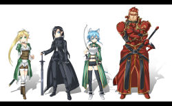 Rule 34 | 10s, 2boys, 2girls, animal ears, armor, black hair, black legwear, blonde hair, blue eyes, blue hair, bow (weapon), cat ears, crossed arms, elf, eugene (sao), ghost in the shell lineup, green eyes, hair between eyes, highres, kirito, kirito (sao-alo), kirito (sao-ggo), leafa, letterboxed, long hair, mouth hold, multiple boys, multiple girls, pointy ears, ponytail, red armor, red hair, short hair, short shorts, shorts, sinon, sinon (sao-alo), sword, sword art online, thighhighs, thighs, uemukai dai, weapon, white armor