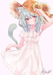 Rule 34 | 1girl, alternate costume, animal ear fluff, animal ears, armpits, arms up, bare arms, blush, bow, cat ears, cat tail, closed mouth, dress, ear ribbon, flower, green hair, hair ornament, hat, hat flower, hololive, looking at viewer, low twintails, moizumi shipon, red eyes, scrunchie, see-through silhouette, short dress, short hair, short sleeves, short twintails, signature, skirt hold, skull hair ornament, smile, solo, straw hat, sun hat, sunflower, tail, twintails, uruha rushia, virtual youtuber, white dress