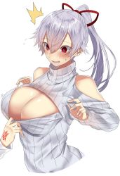 Rule 34 | 1girl, @ @, ^^^, bare shoulders, blush, breasts, cleavage, cleavage cutout, clothes pull, clothing cutout, collarbone, command spell, commentary request, dress, fate/grand order, fate (series), fingernails, flying sweatdrops, grey sweater, hair between eyes, hair ornament, hair ribbon, hands up, highres, large breasts, long fingernails, long hair, long sleeves, meme attire, nose blush, onineko-chan, open-chest sweater, open mouth, ponytail, red eyes, red ribbon, ribbed sweater, ribbon, shiny skin, shoulder cutout, silver hair, simple background, sleeves past wrists, solo, solo focus, surprised, sweat, sweatdrop, sweater, sweater dress, sweater pull, teeth, tomoe gozen (fate), turtleneck, turtleneck sweater, upper body, white background