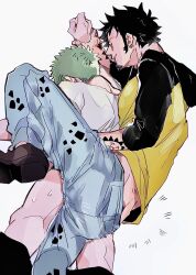 Rule 34 | 2boys, anal, arm tattoo, back, bara, black hair, bottomless, clothed sex, couple, earrings, facial hair, feet out of frame, goatee, green hair, highres, jewelry, long sideburns, male focus, male penetrated, multiple boys, one piece, roronoa zoro, sex, sex from behind, short hair, sideburns, smile, sweat, tattoo, trafalgar law, yaoi, yuyu (kssm pero)