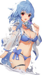 Rule 34 | 1girl, :d, akizone, bikini, blue bikini, blue bow, blue hair, bow, breasts, choker, clothing cutout, collarbone, food, frilled bikini, frills, highres, holding, jacket, large breasts, bridal garter, looking at viewer, navel, open clothes, open jacket, open mouth, original, partially submerged, popsicle, red eyes, short hair, shoulder cutout, simple background, skindentation, smile, solo, strap gap, swimsuit, water, white background, white choker, white jacket