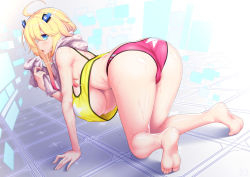Rule 34 | 1girl, ahoge, all fours, ass, bare arms, bare legs, bare shoulders, barefoot, blonde hair, blue eyes, breasts, cameltoe, full body, gradient hair, hair between eyes, hair ornament, hanging breasts, highres, large breasts, long hair, multicolored hair, nipples, no bra, osafune kairi, soles, solo, star (symbol), star print, towel, virtual youtuber, wet