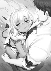 Rule 34 | 1boy, 1girl, cheek press, dark-skinned female, dark skin, demon tail, from above, greyscale, hair between eyes, height difference, highres, hug, looking at another, looking down, looking up, m-da s-tarou, monochrome, open clothes, open shirt, rocoroco, shirt, short hair, tail, tanaka the wizard, white shirt
