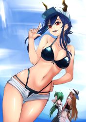 Rule 34 | 3girls, :d, absurdres, arknights, ass, bare arms, bare shoulders, baseball cap, bikini, black bikini, blue hair, blue sky, breasts, brown hair, ch&#039;en (arknights), ch&#039;en the holungday (arknights), ch&#039;en the holungday (elite ii) (arknights), cloverse6, cowboy shot, dragon horns, green hair, hand up, hat, highleg, highleg bikini, highres, horns, hoshiguma (arknights), index finger raised, long hair, looking at viewer, medium breasts, micro shorts, multiple girls, navel, official alternate costume, official alternate hairstyle, open fly, open mouth, outdoors, red eyes, shorts, sidelocks, sky, smile, standing, stomach, swimsuit, swire (arknights), thighs, very long hair, white headwear, white shorts