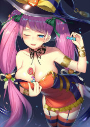 Rule 34 | 1girl, alexmaster, armlet, bare shoulders, between breasts, blue eyes, blush, bracelet, breasts, candy, cleavage, clothes pull, detached collar, dress, dress pull, food, food-themed hair ornament, garter straps, hair ornament, hair ribbon, halloween, hat, highres, holding, jewelry, large breasts, leaning forward, lollipop, long hair, one eye closed, open mouth, original, petals, pink hair, pumpkin hair ornament, ribbon, smile, solo, striped clothes, striped thighhighs, thighhighs, twintails, witch hat