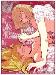 Rule 34 | 2girls, completely nude, dungeon meshi, elf, falin touden, falin touden (chimera), feathers, gabbvillamor, grass, green eyes, hand on another&#039;s face, highres, holding hands, interlocked fingers, long hair, looking at another, lying, marcille donato, multiple girls, nude, on back, open mouth, pointy ears, short hair, yuri