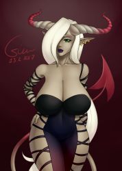 Rule 34 | 1girl, black dress, breasts, cesium, cleavage, colored skin, covered navel, curvy, demon, demon girl, dress, earrings, green eyes, grey skin, hand on own hip, highres, horns, huge breasts, jewelry, lips, long hair, looking at viewer, original, pointy ears, revealing clothes, solo, tail, thick lips, thighs, waifu2x, white hair, wide hips